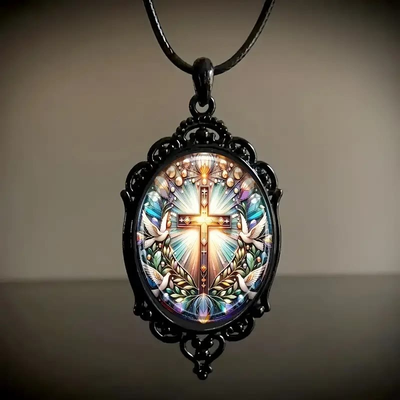 Collar de Cristal con Colgante de Cruz y Paloma Santa de Estilo Retro