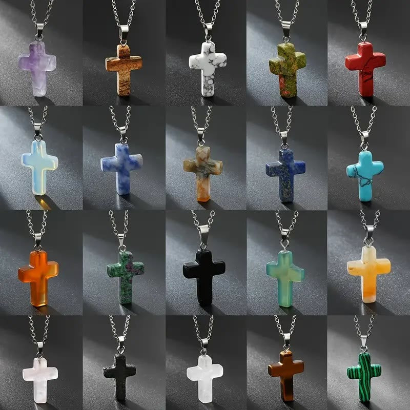 Collar de Colgante de Piedra Natural con Cruz de Gemas