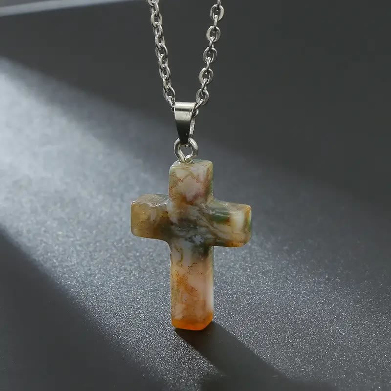 Collar de Colgante de Piedra Natural con Cruz de Gemas