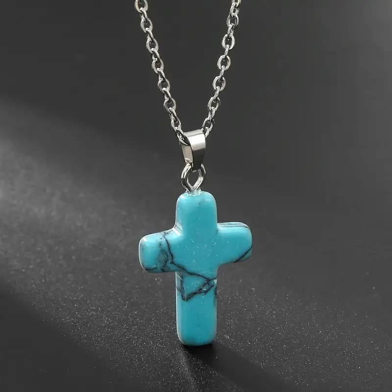 Colgante de Cruz de Piedra Natural con Gemas