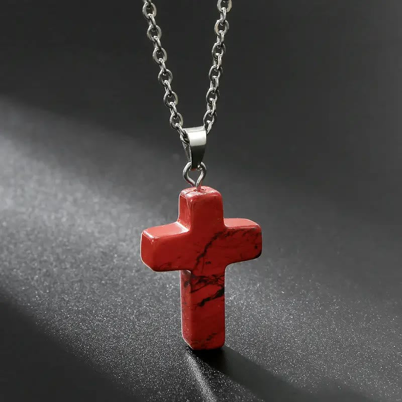 Collar de Colgante de Piedra Natural con Cruz de Gemas