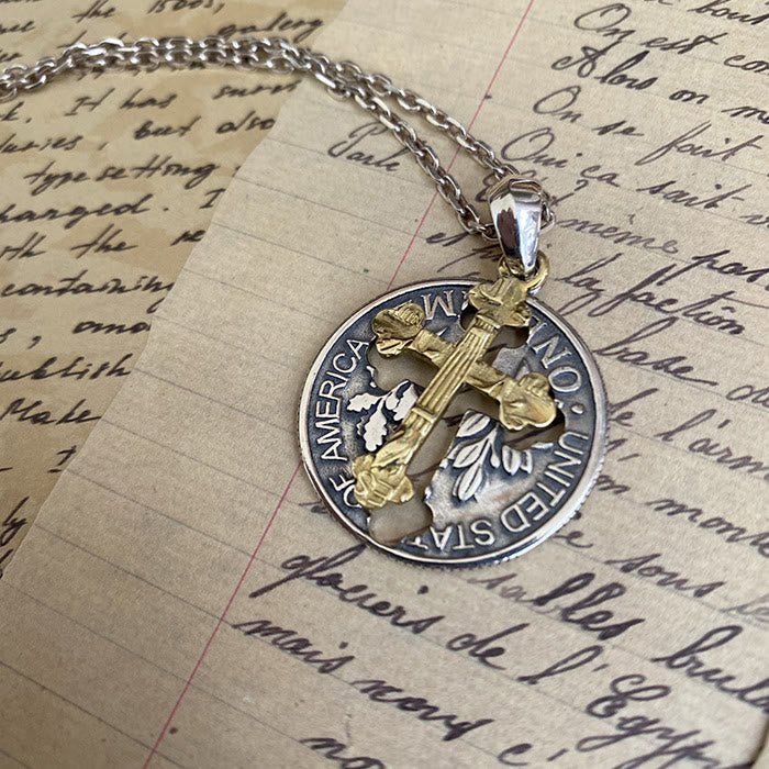 Collar de Colgante de Moneda Cruz de Doble Cara Vintage