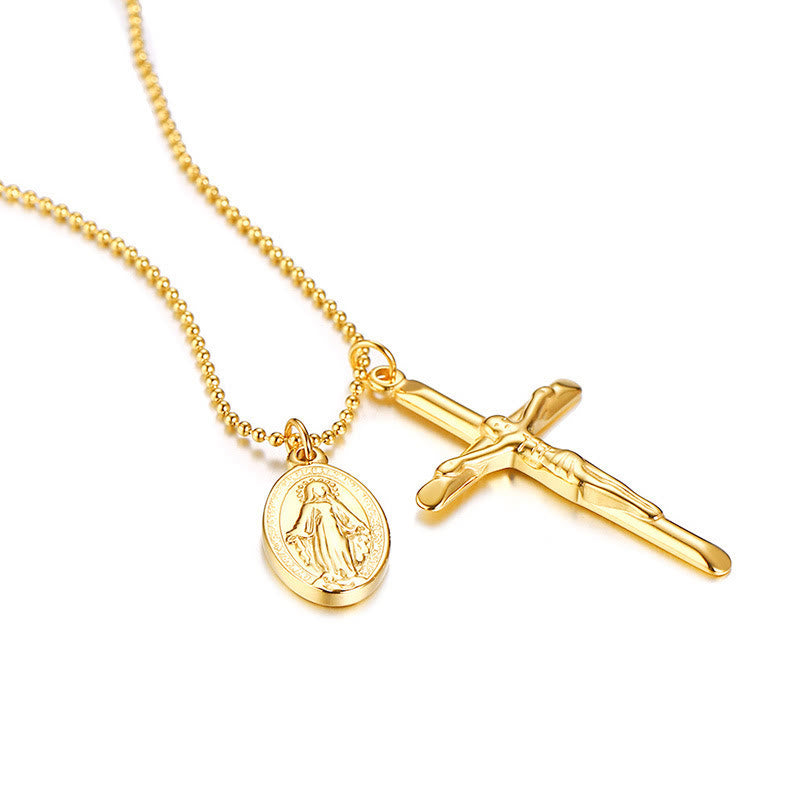 Medallón de la Virgen María Crucifijo Collar de Titanio