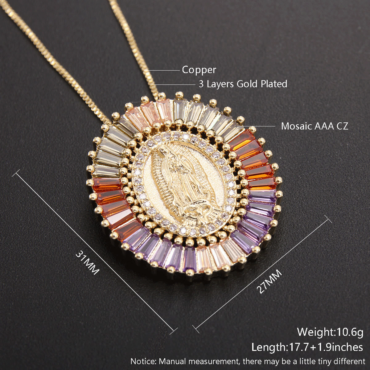 Amuleto de Zirconia de Nuestra Señora de Guadalupe Collar Colgante
