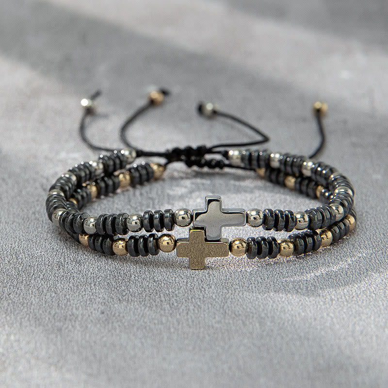 Pulsera apilable de hematita con decoración de cruz (2 piezas)