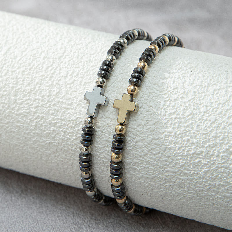 Pulsera apilable de hematita con decoración de cruz (2 piezas)