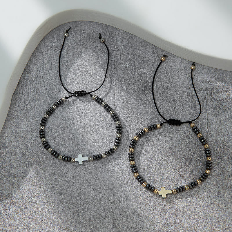 Pulsera apilable de hematita con decoración de cruz (2 piezas)
