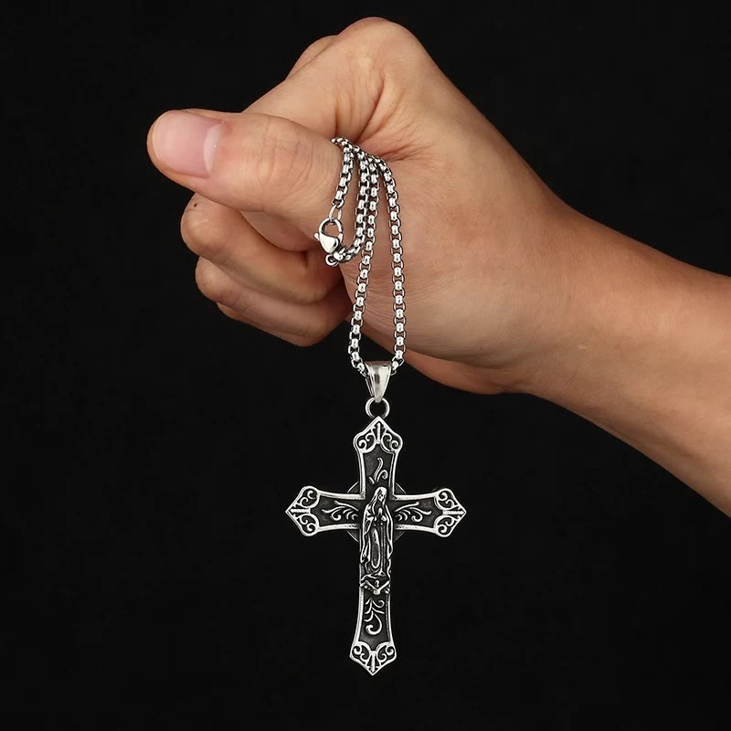 Collar con Colgante de Cruz de la Virgen María de Titanio Retro