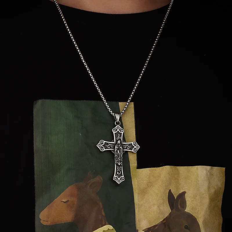 Collar con Colgante de Cruz de la Virgen María de Titanio Retro