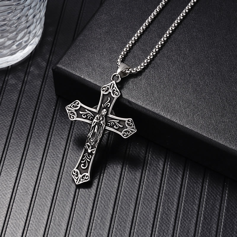 Collar con Colgante de Cruz de la Virgen María de Titanio Retro