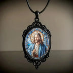 Collar de Colgante de Vidrio Ovalado de Jesús con Encaje Retro