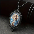 Collar de Colgante de Vidrio Ovalado de Jesús con Encaje Retro