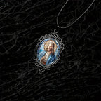 Collar de Colgante de Vidrio Ovalado de Jesús con Encaje Retro
