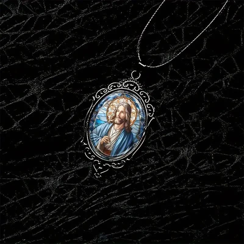 Collar de Colgante de Vidrio Ovalado de Jesús con Encaje Retro