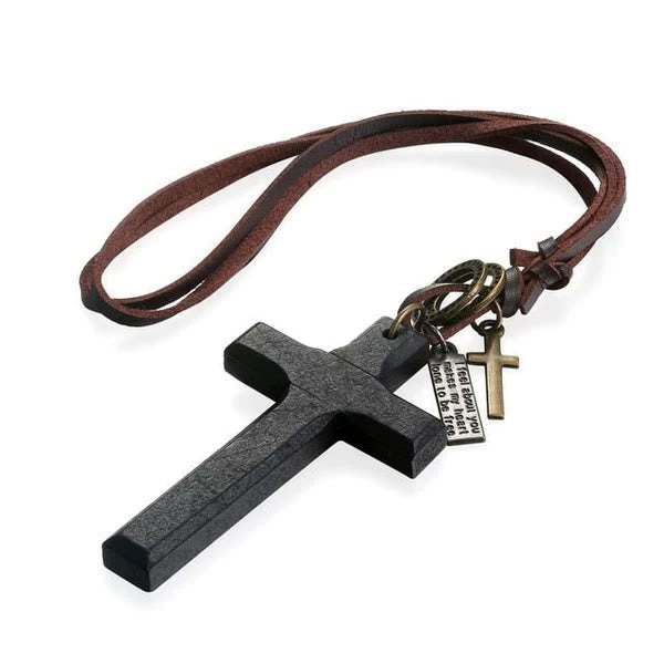 Collar de Cuero Ajustable con Cruz de Madera Vintage