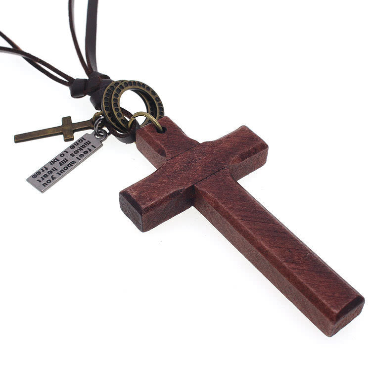 Collar de Cuero Ajustable con Cruz de Madera Vintage