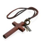 Collar de Cuero Ajustable con Cruz de Madera Vintage
