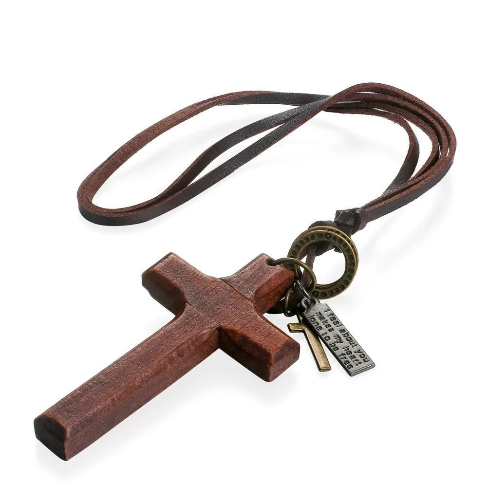 Collar de Cuero Ajustable con Cruz de Madera Vintage