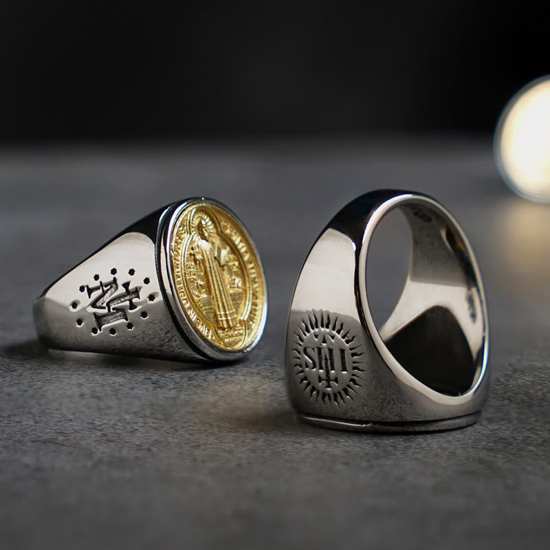 Anillo Cruz Medalla de San Benito Católico en Dos Tonos