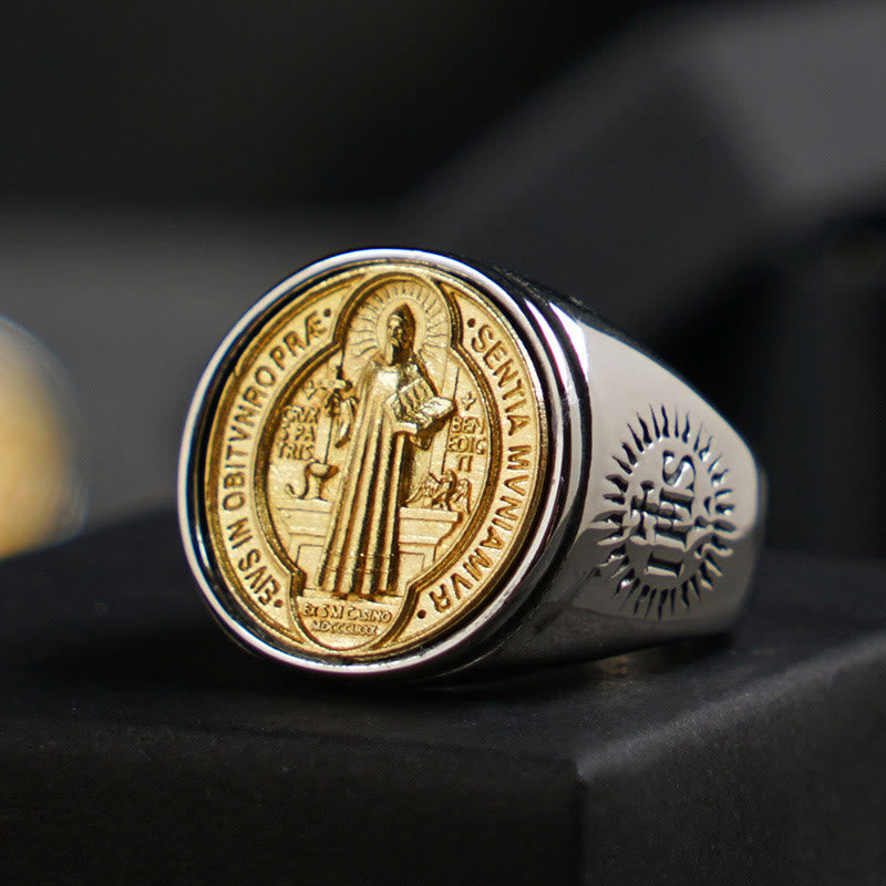 Anillo Cruz Medalla de San Benito Católico en Dos Tonos