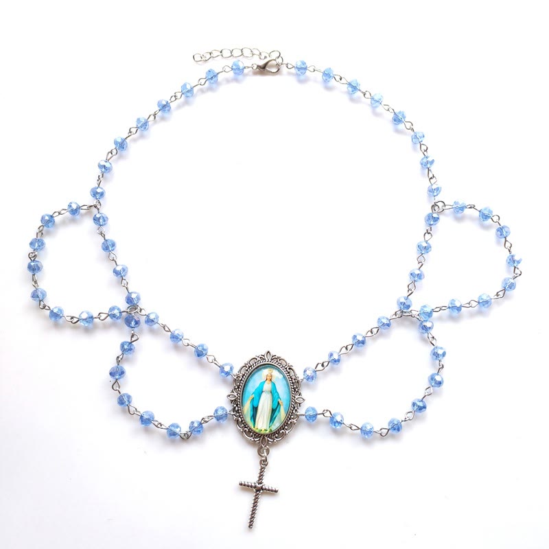 Colgante de Vidrio de María Milagrosa con Cadena de Clavícula de Cristal Azul
