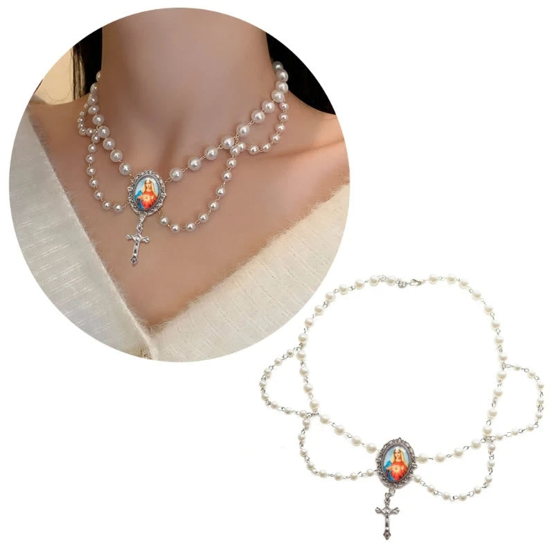 Colgante de Vidrio de María Milagrosa con Cadena de Clavícula de Cristal Azul