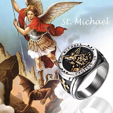 Anillo de Acero de Titanio Estilo Retro del Arcángel Miguel