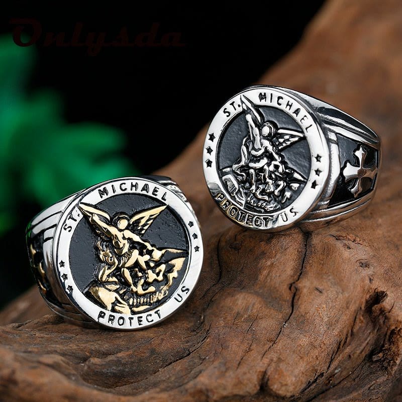 Anillo de Acero de Titanio Estilo Retro del Arcángel Miguel