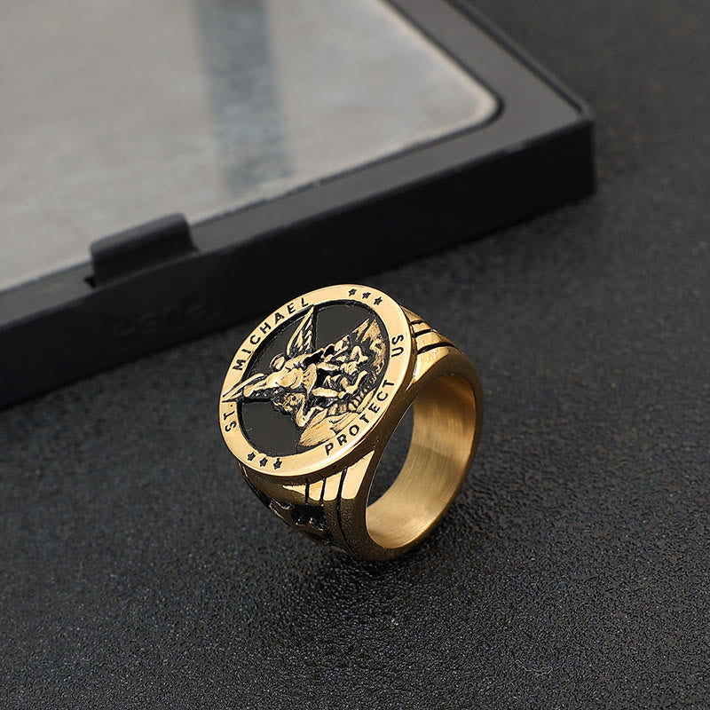 Anillo de Acero de Titanio Estilo Retro del Arcángel Miguel