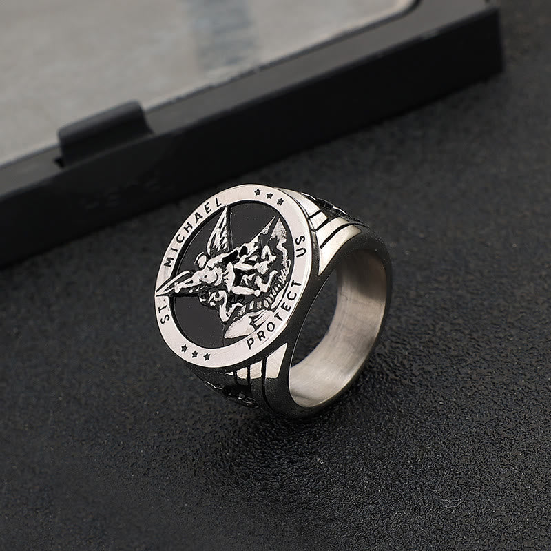 Anillo de Acero de Titanio Estilo Retro del Arcángel Miguel