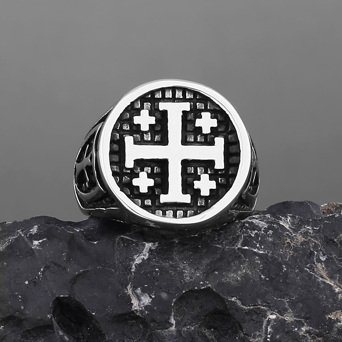 Anillo Cruz de Jerusalén Estilo Retro Minimalista