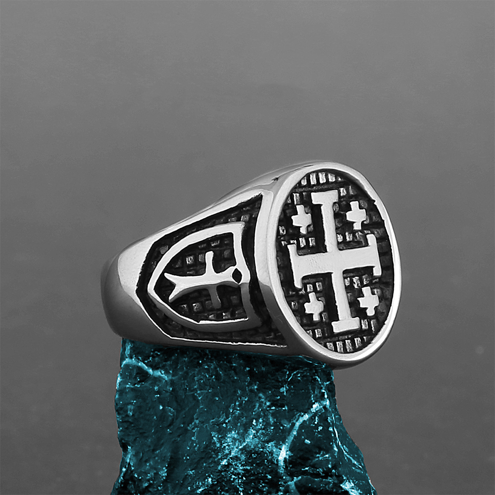 Anillo Cruz de Jerusalén Estilo Retro Minimalista