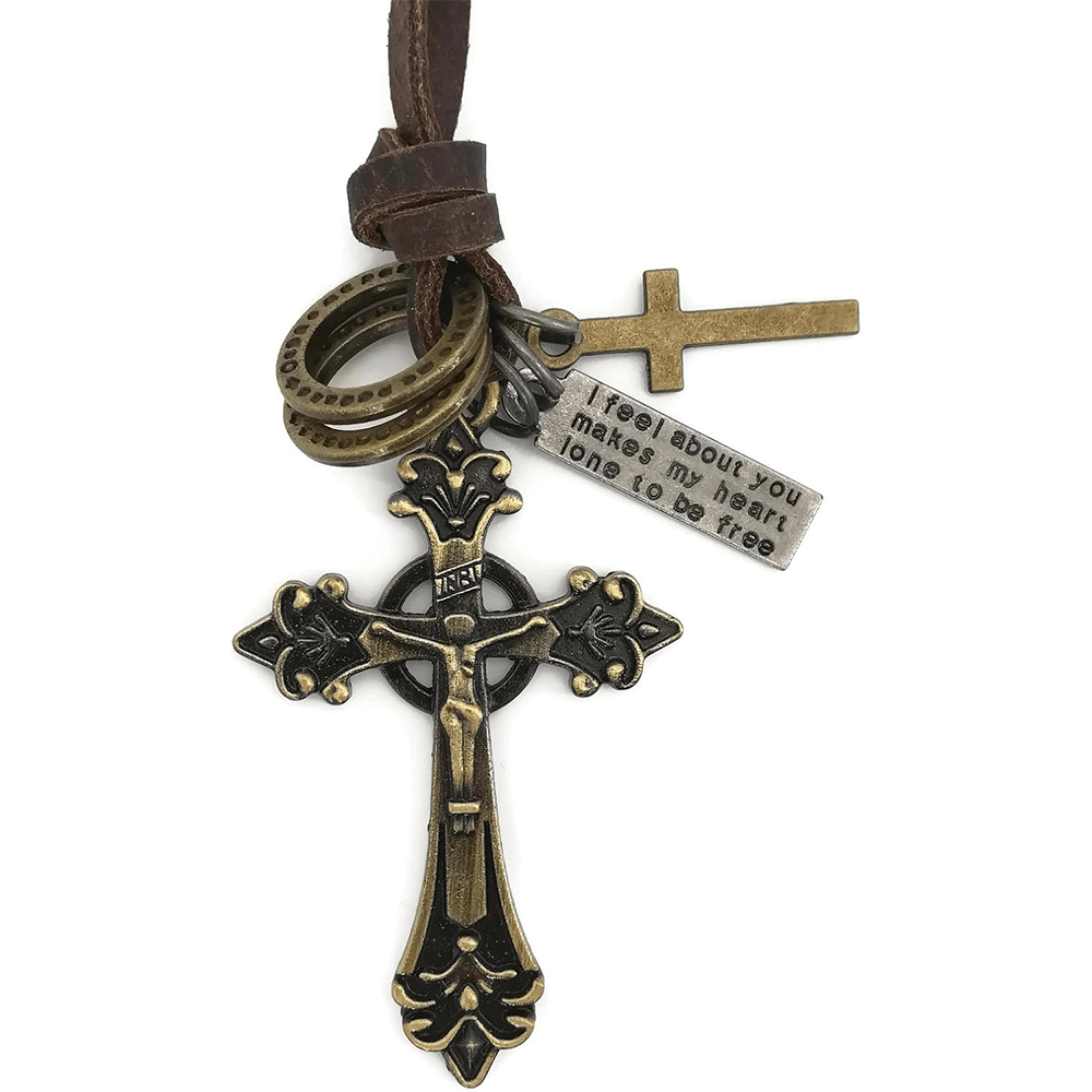Collar de Cuero con Colgante de Crucifijo Estilo Clásico Retro