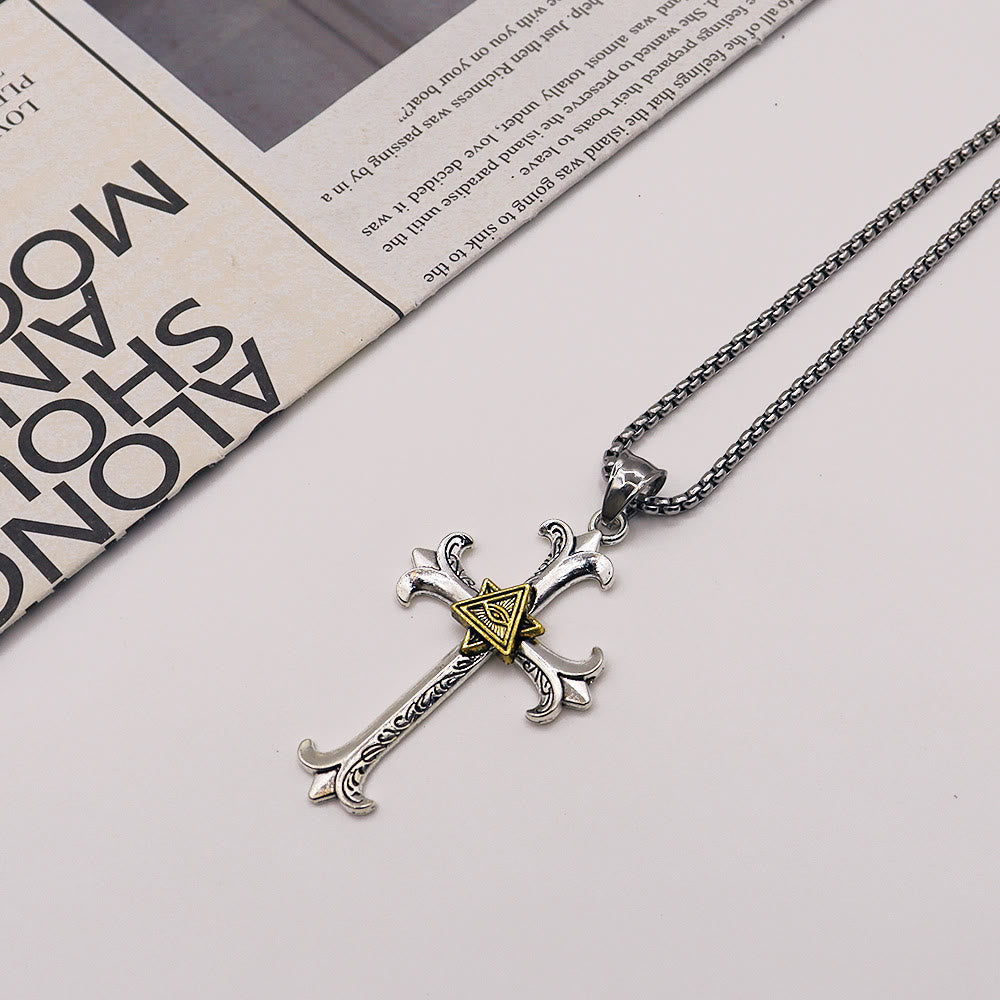 Collar de Colgante de Cadena de Perlas Cuadradas con Cruz del Ojo de Dios Estilo Sobrio de Moda