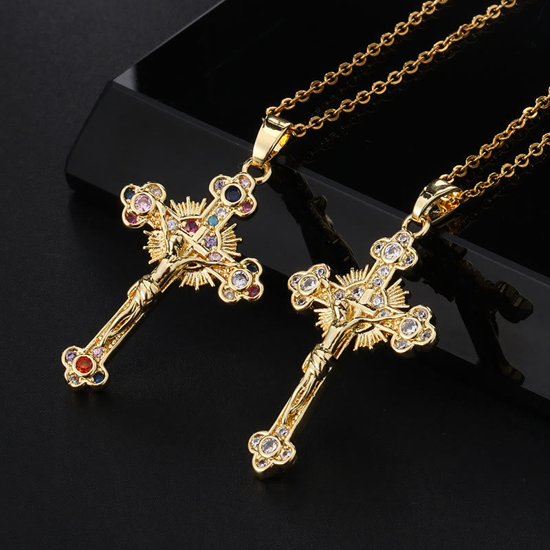 Crucifijo de Estilo Pastoral Fresco con Collar de Pendiente de Piedras Preciosas Bíblicas
