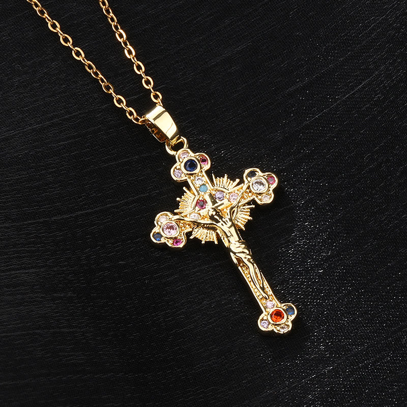 Crucifijo de Estilo Pastoral Fresco con Collar de Pendiente de Piedras Preciosas Bíblicas