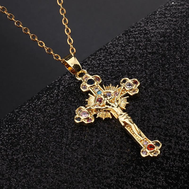 Crucifijo de Estilo Pastoral Fresco con Collar de Pendiente de Piedras Preciosas Bíblicas