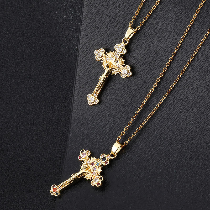 Crucifijo de Estilo Pastoral Fresco con Collar de Pendiente de Piedras Preciosas Bíblicas
