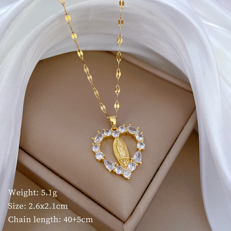 Collar de Pendiente de Nuestra Señora de Guadalupe con Gemas en Forma de Corazón de Estilo de Lujo