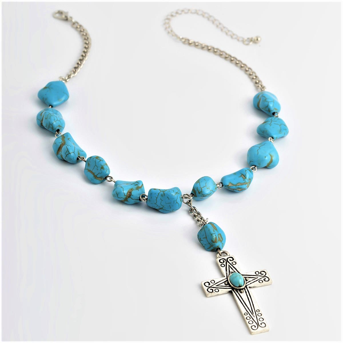 Collar de Colgante de Cruz de Piedra Natural Turquesa Estilo Retro