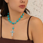 Collar de Colgante de Cruz de Piedra Natural Turquesa Estilo Retro