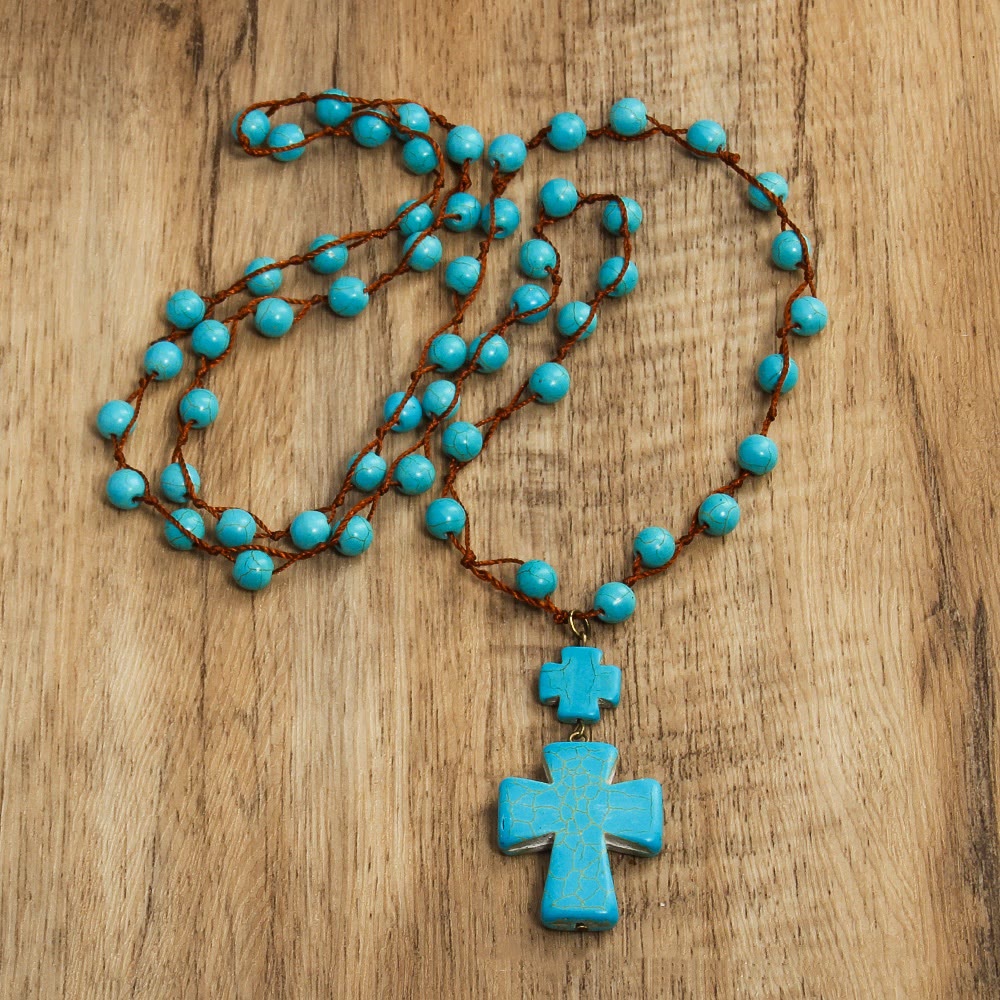 Collar de Colgante de Cruz Trenzado de Turquesa Estilo Folk
