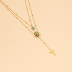 Collar de Cruz Turquesa de Nuestra Señora de Guadalupe de Estilo Minimalista de Doble Capa