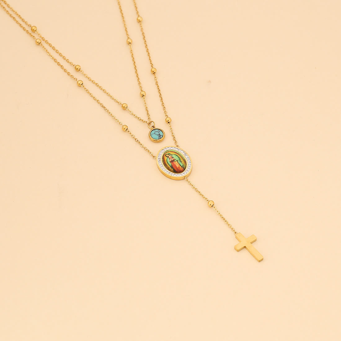 Collar de Cruz Turquesa de Nuestra Señora de Guadalupe de Estilo Minimalista de Doble Capa