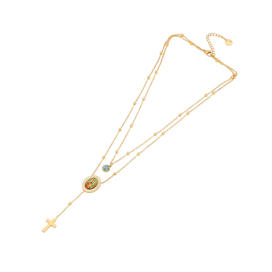 Collar de Cruz Turquesa de Nuestra Señora de Guadalupe de Estilo Minimalista de Doble Capa