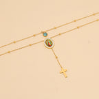 Collar de Cruz Turquesa de Nuestra Señora de Guadalupe de Estilo Minimalista de Doble Capa