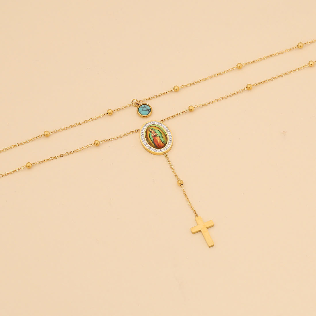 Collar de Cruz Turquesa de Nuestra Señora de Guadalupe de Estilo Minimalista de Doble Capa
