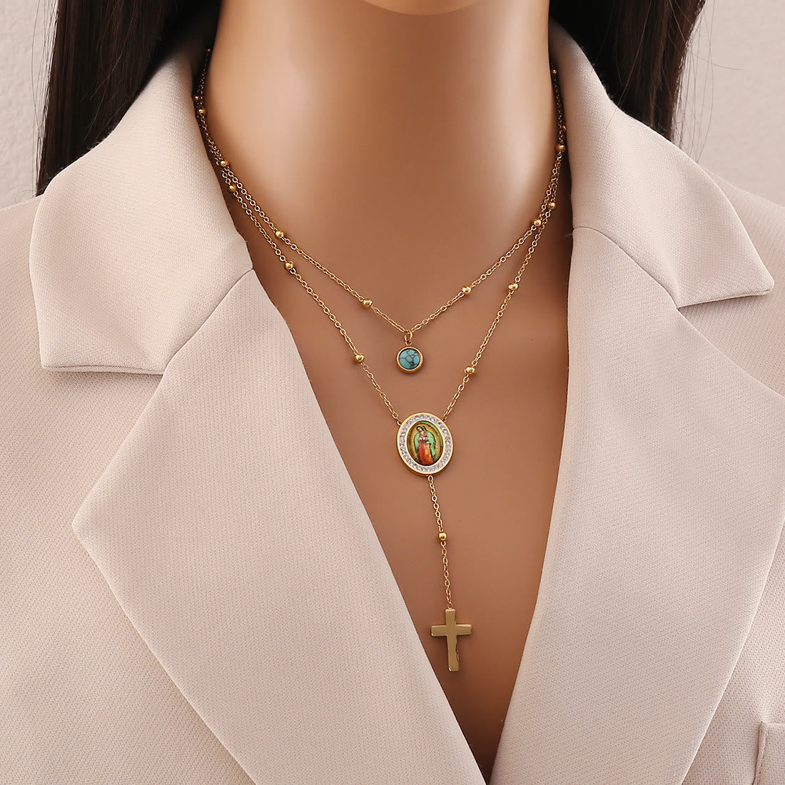 Collar de Cruz Turquesa de Nuestra Señora de Guadalupe de Estilo Minimalista de Doble Capa