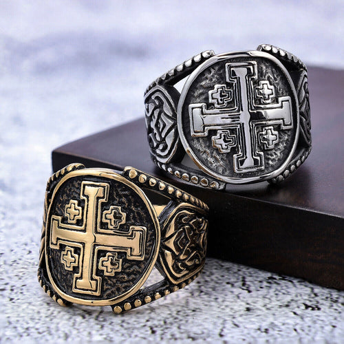 Anillo de Aleación con Símbolo de la Cruz de Jerusalén de Estilo Clásico
