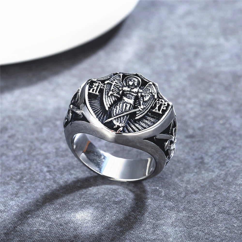 Anillo de Protección y Fuerza del Ángel Guardián San Miguel de Estilo Retro